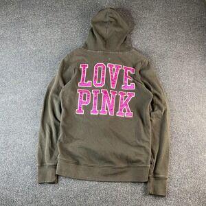 PINK Victoria's Secret Hoodie Womens Medium Olive Love Pink Zip Up Sweatshirt